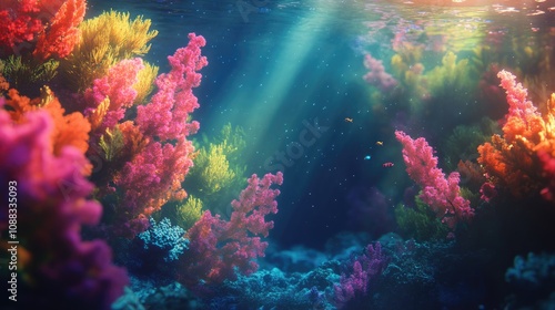 Luminous coral reef under sunlight with vibrant pink and orange corals, creating an enchanting underwater scene ideal for travel themes.