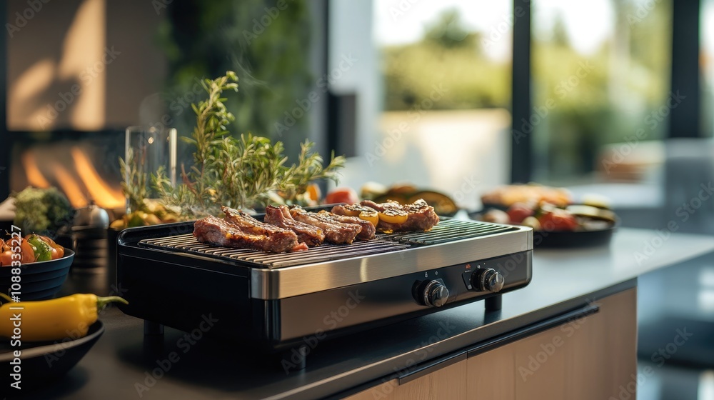 Fototapeta premium Indoor electric grill on modern countertop with vegetables and herbs, cooking meat for an inviting barbecue experience. Bright airy kitchen setting.