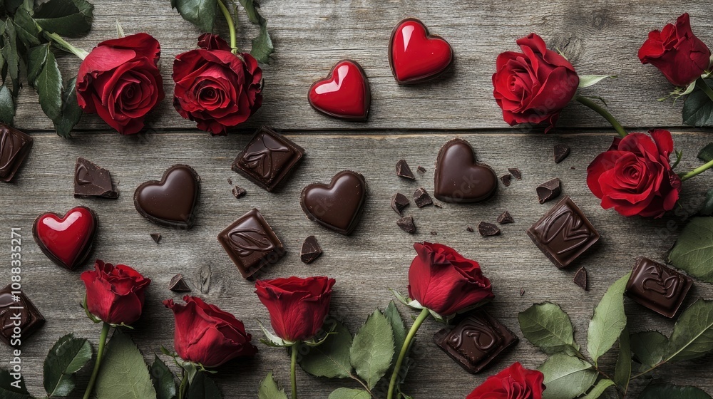 Valentine's Day card design with red roses and heart-shaped chocolates arranged on rustic wooden background from an aerial perspective.