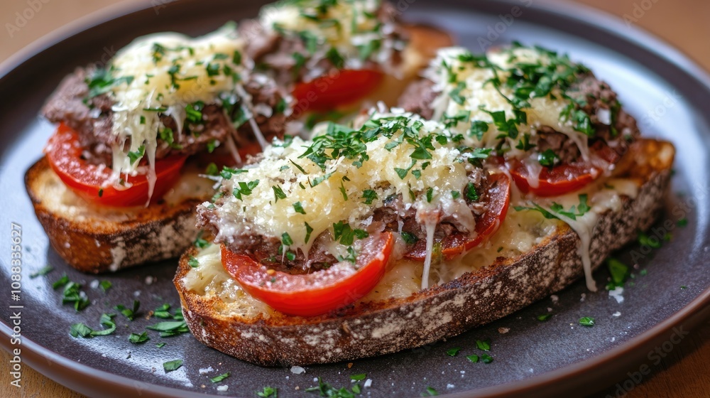 Toasted bread slices topped with fresh beef tomatoes, melted cheese, and sprinkled with herbs on a dark plate. Toasted bread slices topped with fresh beef tomatoes, melted cheese, and sprinkled with herbs on a dark plate.