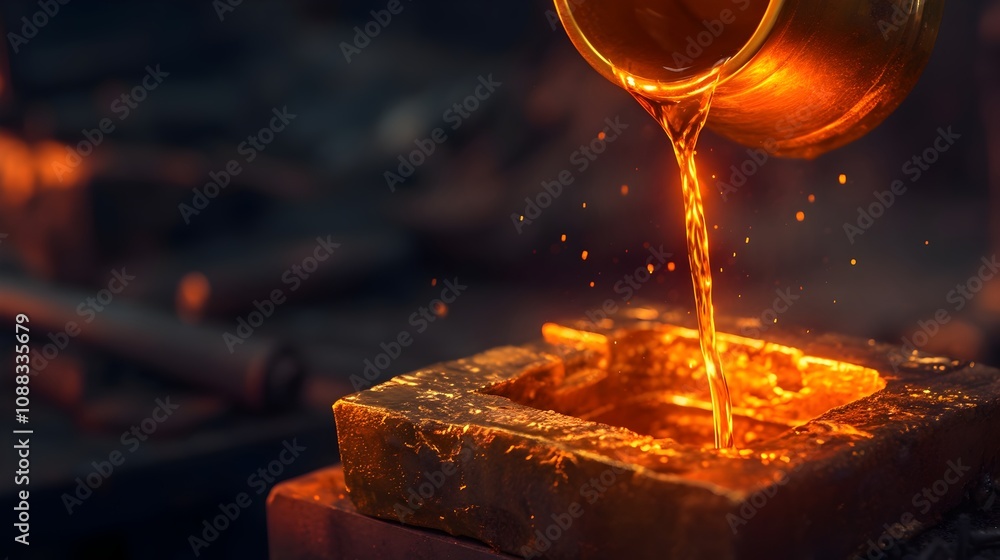 Molten Gold Pours Into Mold Shaping Intricate Metalwork in Dark Industrial Workshop