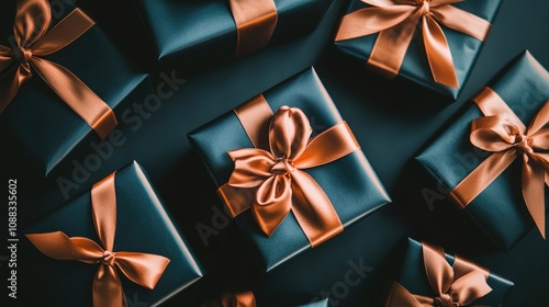 Dark gift boxes elegantly wrapped in satin ribbons and bows, set against a black backdrop, creating a stylish holiday atmosphere with ample copy space.
