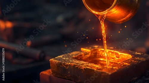 Obraz na płótnie Molten Gold Pours Into Mold Shaping Intricate Metalwork in Dark Industrial Workshop w salonie