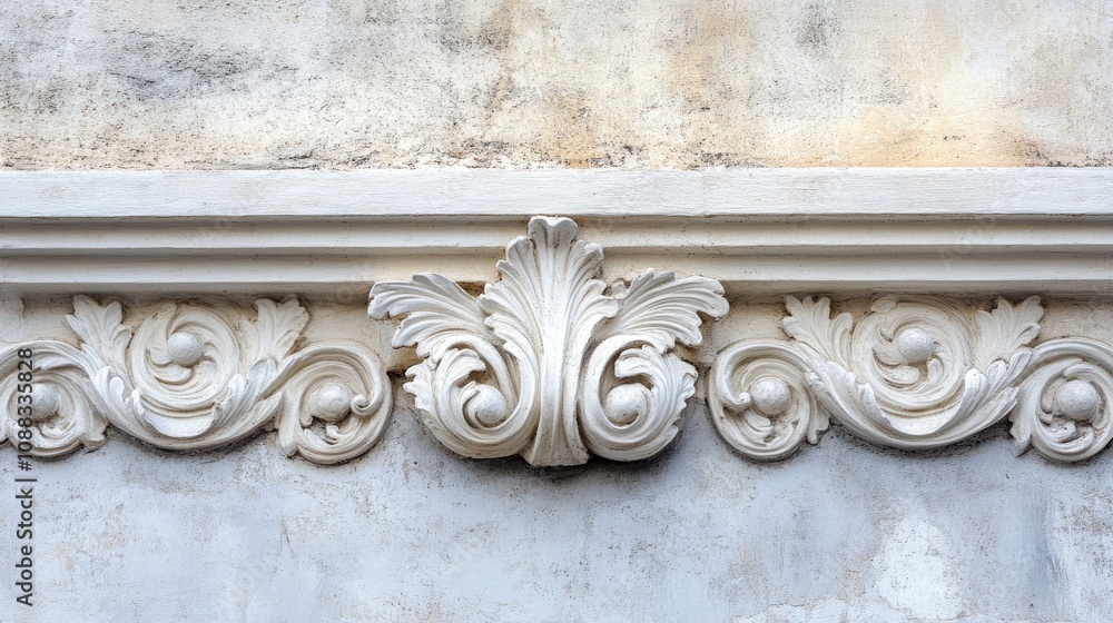 Intricate white stucco architectural molding with ornate floral and scroll designs against a textured wall background. Intricate white stucco architectural molding with ornate floral and scroll designs against a textured wall background.