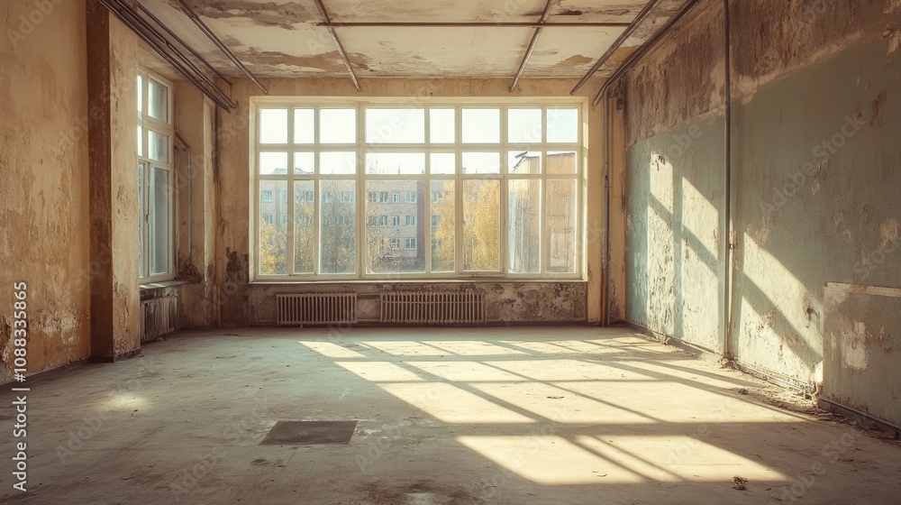 Spacious and sunlit interior with natural light streaming through large windows, providing a blank canvas for creative design and decoration ideas Spacious and sunlit interior with natural light streaming through large windows, providing a blank canvas for creative design and decoration ideas