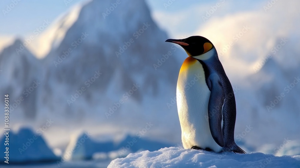 Obraz premium Emperor penguin standing on ice with majestic snowy peaks in the background, highlighting the beauty of wildlife and natural photography