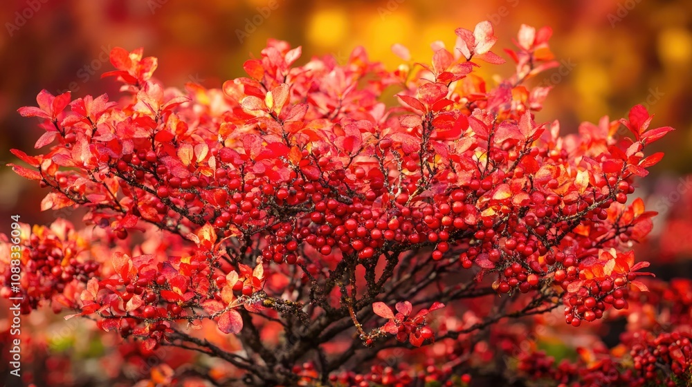 Vibrant red barberries bush adorned with ripe berries, surrounded by a natural autumn backdrop, showcasing the colorful essence of the season. Vibrant red barberries bush adorned with ripe berries, surrounded by a natural autumn backdrop, showcasing the colorful essence of the season.