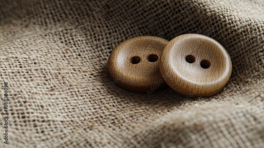 Two wooden buttons with two holes each resting on textured burlap fabric highlighting a rustic and natural aesthetic.