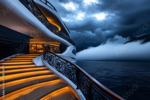 Yacht with black details and wrought-iron railings, set against a dramatic and eerie twilight scene photo