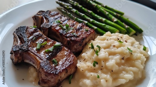 Grilled lamb chops accompanied by creamy risotto and perfectly charred asparagus, garnished with fresh herbs for a delightful presentation. photo