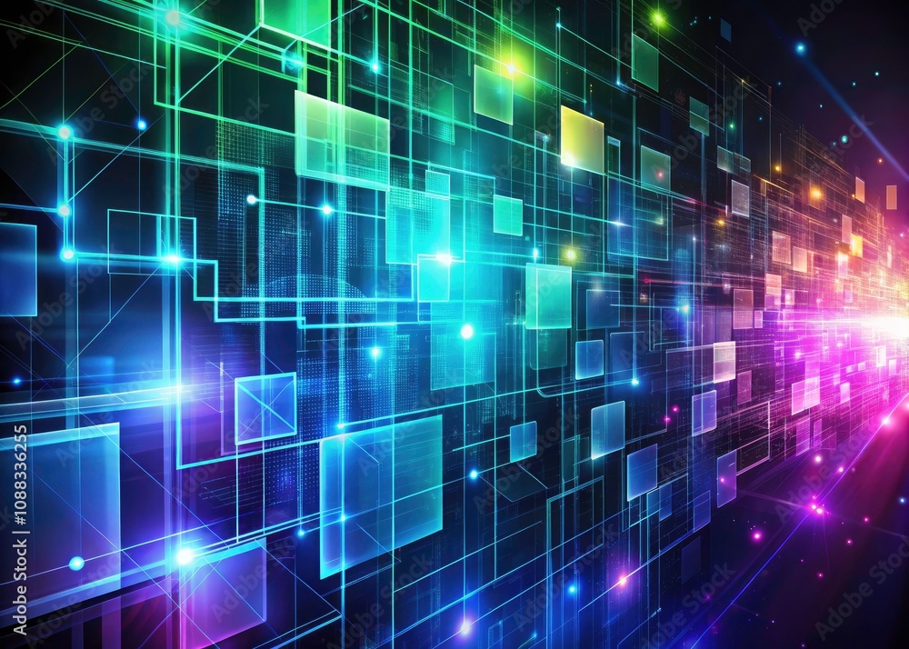 Abstract Digital Network with Glowing Squares and Data Streams for Tech Innovations and Data Visualization in Modern Design Concepts Abstract Digital Network with Glowing Squares and Data Streams for Tech Innovations and Data Visualization in Modern Design Concepts