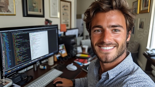 a smiling ethnically ambiguous male website coder (30 years old), wearing business casual clothing, working at a desktop computer, with coding on the screen, in a home office 