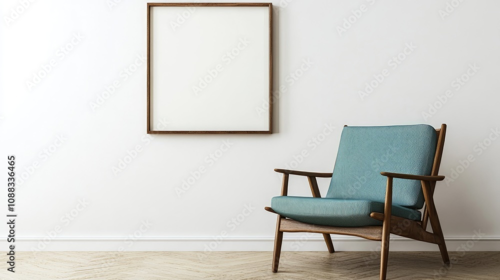 Mid-century wooden chair with teal cushion positioned near a blank art poster frame on a white wall in a contemporary living room setting Mid-century wooden chair with teal cushion positioned near a blank art poster frame on a white wall in a contemporary living room setting