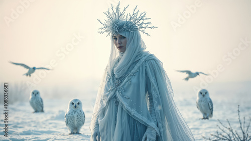 Enigmatic Snow Queen Surrounded by Snowy Owls in Winter Landscape