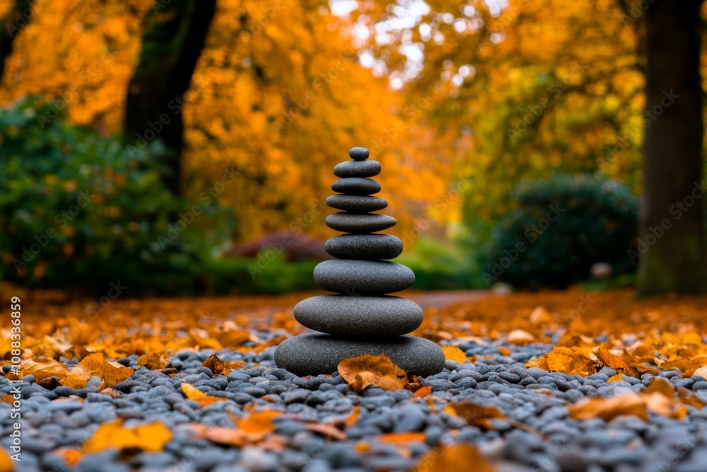 Obraz premium Zen stones balanced on a sandy surface surrounded by autumn leaves, in a realistic garden setting