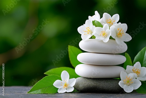 Zen stones arranged in a peaceful stack with delicate white flowers, with a soft focus on the background garden