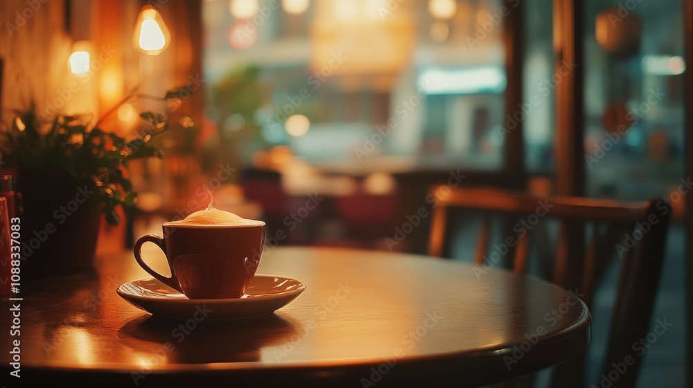 Cozy coffee cup on a wooden table in a warm cafe setting, enhanced by vintage tones and soft bokeh lighting, creating an inviting ambiance. Cozy coffee cup on a wooden table in a warm cafe setting, enhanced by vintage tones and soft bokeh lighting, creating an inviting ambiance.