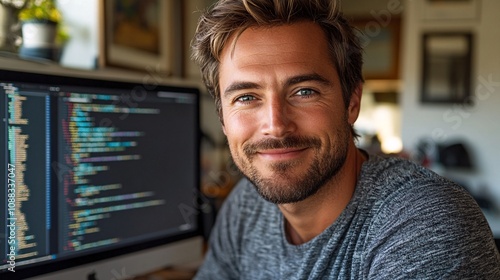 a smiling ethnically ambiguous male website coder (30 years old), wearing business casual clothing, working at a desktop computer, with coding on the screen, in a home office 