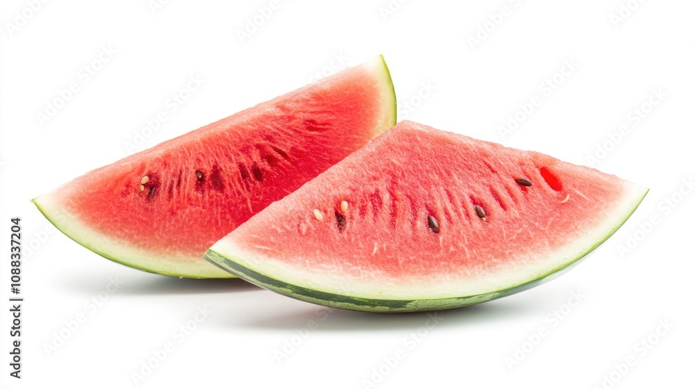 Sliced fresh watermelon wedges showcasing vibrant red flesh and black seeds against a clean white background Sliced fresh watermelon wedges showcasing vibrant red flesh and black seeds against a clean white background