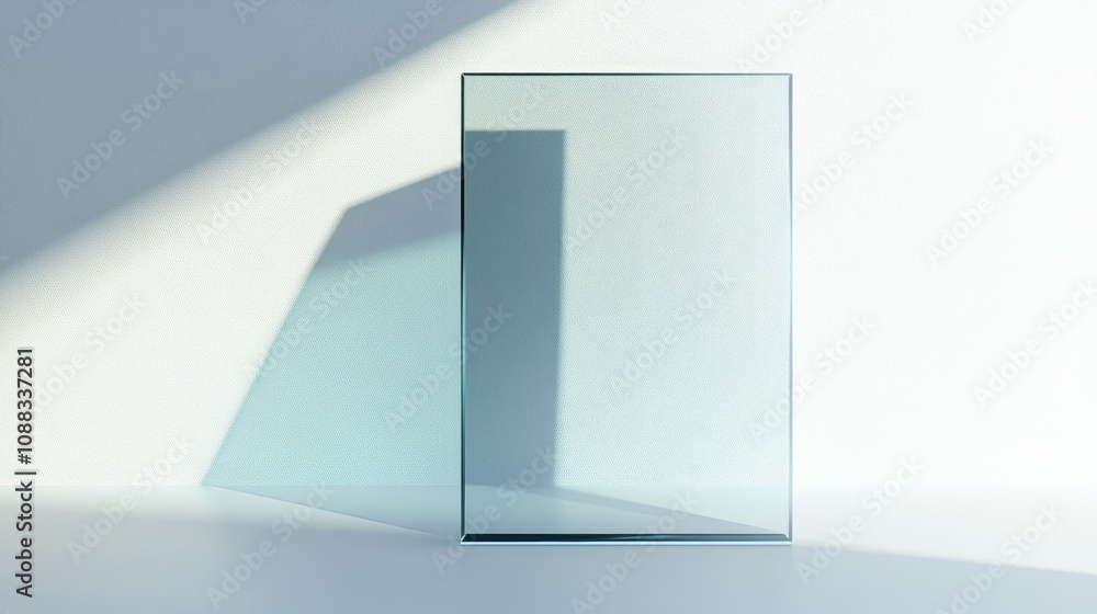 Transparent glass panel casting a subtle shadow, set against a minimalist white background, highlighting light and texture. Transparent glass panel casting a subtle shadow, set against a minimalist white background, highlighting light and texture.