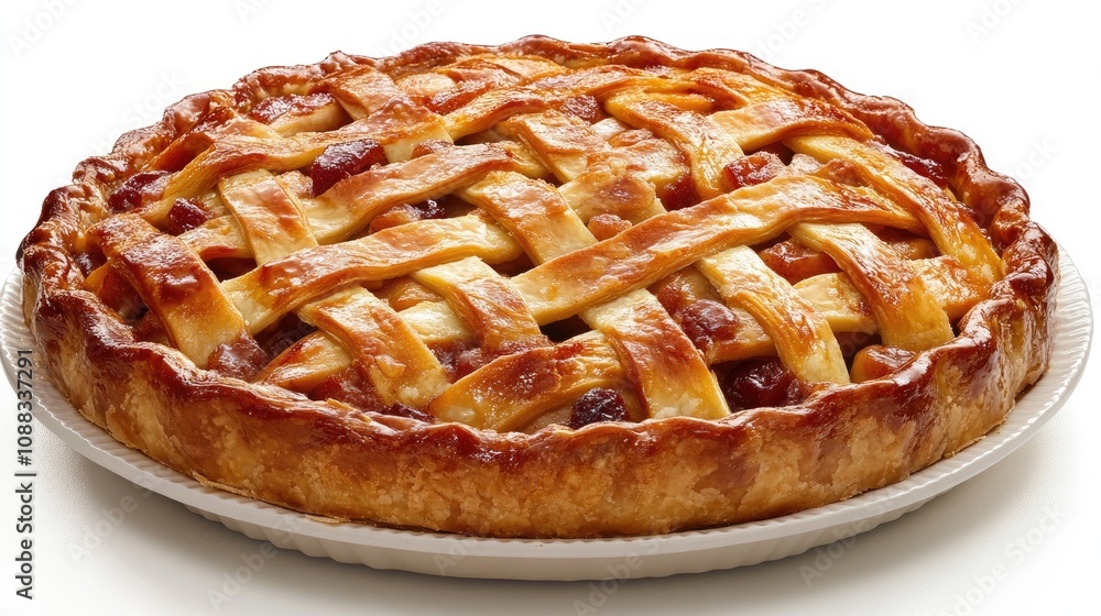 Lattice-topped cherry pie with a golden-brown crust, elegantly presented on a white plate, celebrating classic dessert traditions. Lattice-topped cherry pie with a golden-brown crust, elegantly presented on a white plate, celebrating classic dessert traditions.