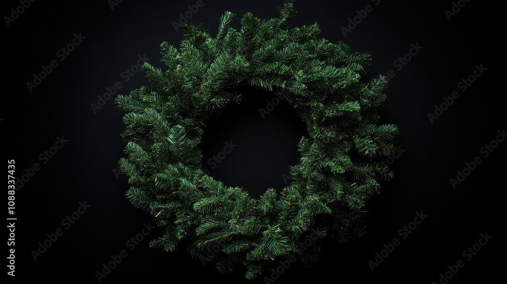 Lush green Christmas wreath with intricate foliage design set against a deep black background creating a striking holiday display. Lush green Christmas wreath with intricate foliage design set against a deep black background creating a striking holiday display.