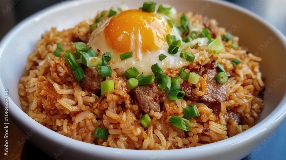 Korean Kimchi Fried Rice with a sunny-side-up egg, topped with chopped green onions, featuring rich flavors of kimchi and tender beef. Korean Kimchi Fried Rice with a sunny-side-up egg, topped with chopped green onions, featuring rich flavors of kimchi and tender beef.