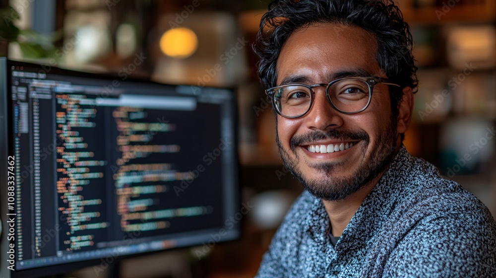 a smiling ethnically ambiguous male website coder (30 years old), wearing business casual clothing, working at a desktop computer, with coding on the screen, in a home office a smiling ethnically ambiguous male website coder (30 years old), wearing business casual clothing, working at a desktop computer, with coding on the screen, in a home office
