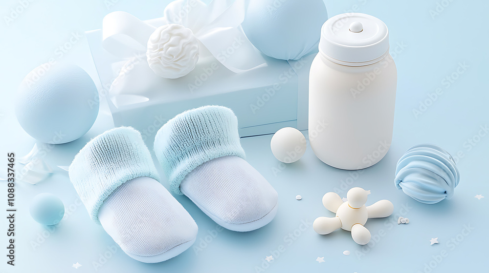 Newborn essentials baby booties soft toys and care products nursery still life calm atmosphere parenting concept Newborn essentials baby booties soft toys and care products nursery still life calm atmosphere parenting concept