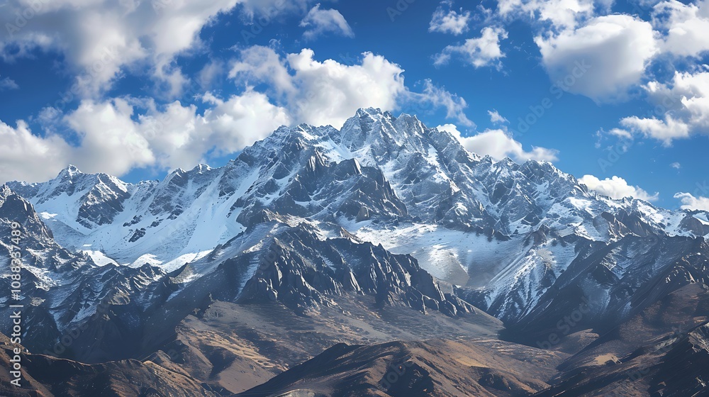 A rugged mountain range with snow-capped peaks, under a bright blue sky. A rugged mountain range with snow-capped peaks, under a bright blue sky.