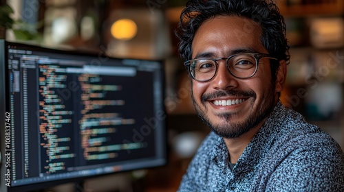 a smiling ethnically ambiguous male website coder (30 years old), wearing business casual clothing, working at a desktop computer, with coding on the screen, in a home office 