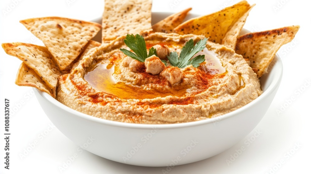 A bowl of spicy chipotle hummus topped with olive oil and smoked paprika, served with crispy pita chips, Each scoop smooth and bursting with bold flavors A bowl of spicy chipotle hummus topped with olive oil and smoked paprika, served with crispy pita chips, Each scoop smooth and bursting with bold flavors