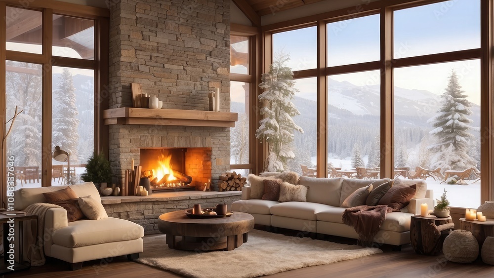 Naklejka premium An inviting ambiance is created by a warm, burning fireplace in a comfortable living room with lots of windows showing a snowy winter landscape outside.-