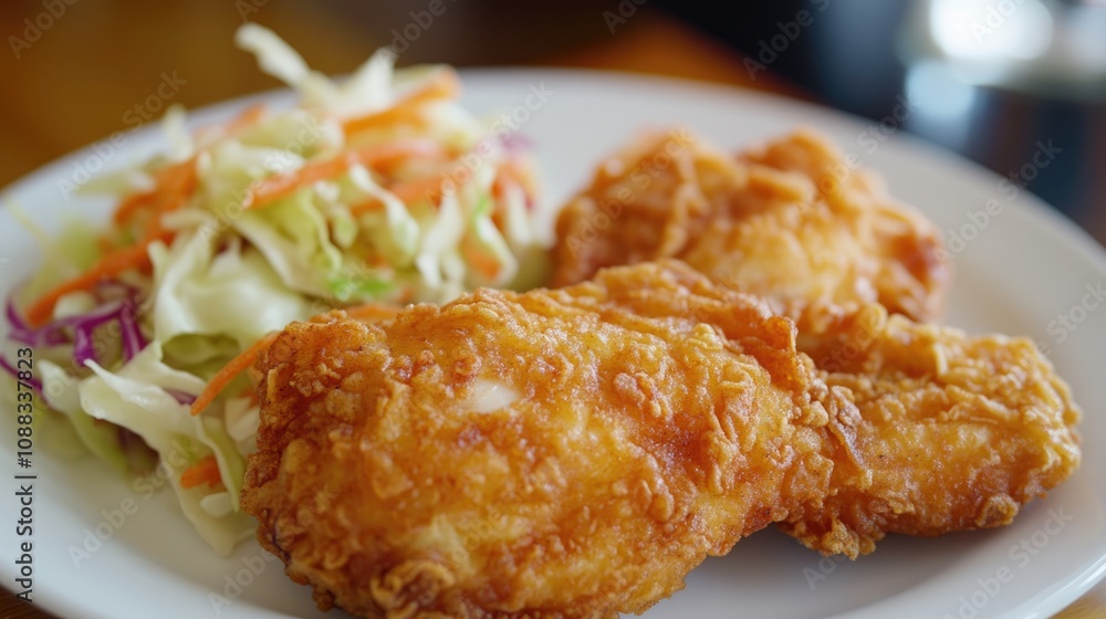 Crispy golden fried chicken fillets served with a vibrant, fresh cabbage and carrot salad on a white plate. Crispy golden fried chicken fillets served with a vibrant, fresh cabbage and carrot salad on a white plate.