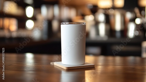 Close-up of a sleek white 20oz straight skinny tumbler with a lid resting on wooden coasters, set against a softly blurred modern cafÃ© backdrop.