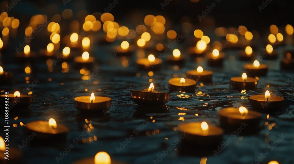 Illuminated oil lamps and flickering candles floating on water, creating a vibrant celebration of lights against a dark, serene backdrop. Illuminated oil lamps and flickering candles floating on water, creating a vibrant celebration of lights against a dark, serene backdrop.