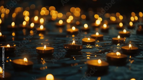 Wallpaper Mural Illuminated oil lamps and flickering candles floating on water, creating a vibrant celebration of lights against a dark, serene backdrop. Torontodigital.ca