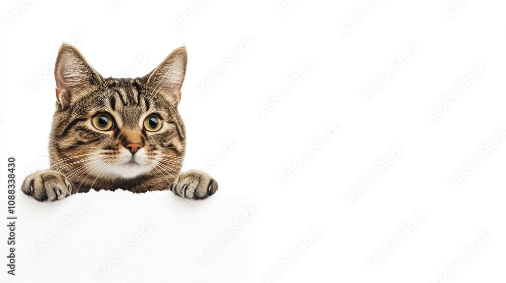 Curious tabby cat with wide alert eyes peeking over a white edge, showcasing its striped fur and playful expression against a bright backdrop. Curious tabby cat with wide alert eyes peeking over a white edge, showcasing its striped fur and playful expression against a bright backdrop.
