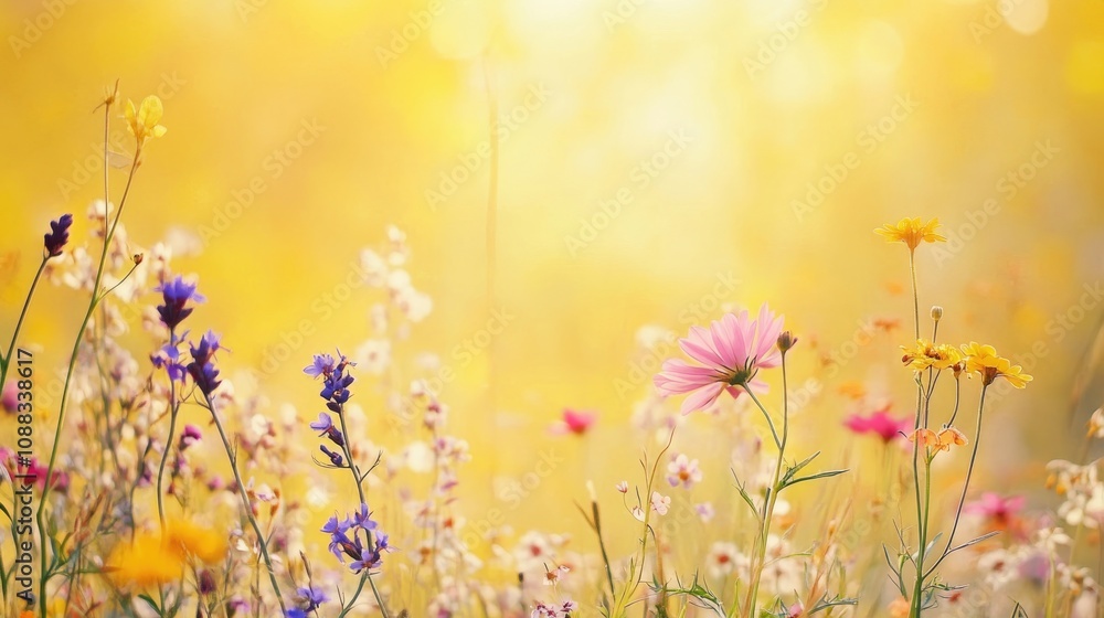 Vibrant wildflowers in various colors blooming against a sunny yellow background, creating a cheerful and uplifting atmosphere. Vibrant wildflowers in various colors blooming against a sunny yellow background, creating a cheerful and uplifting atmosphere.