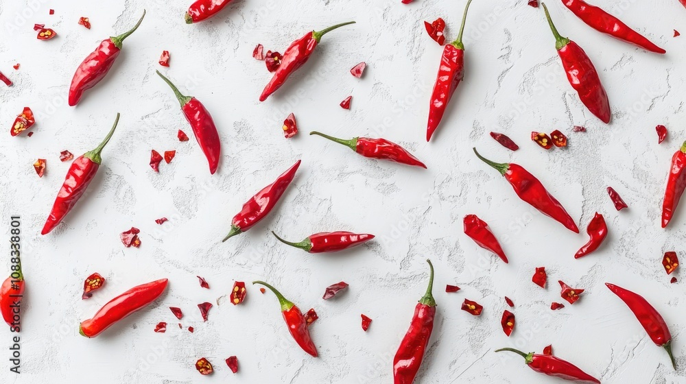 Vibrant red chili peppers scattered on a textured white surface with some crushed pepper flakes, showcasing their glossy skin and fresh appearance. Vibrant red chili peppers scattered on a textured white surface with some crushed pepper flakes, showcasing their glossy skin and fresh appearance.