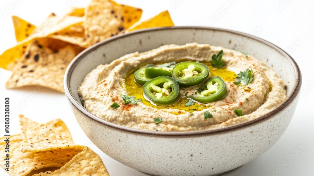 A bowl of spicy jalapeño hummus topped with olive oil and diced jalapeños, served with crunchy tortilla chips, Each scoop smooth and bursting with bold flavors A bowl of spicy jalapeño hummus topped with olive oil and diced jalapeños, served with crunchy tortilla chips, Each scoop smooth and bursting with bold flavors