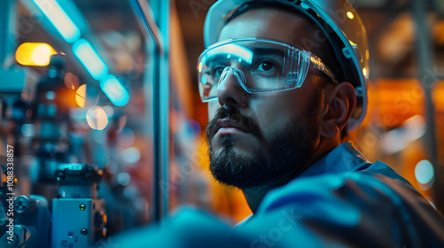 A Focused Industrial Worker Observes Machinery in a Vibrant, Blue-Lit Factory Setting.