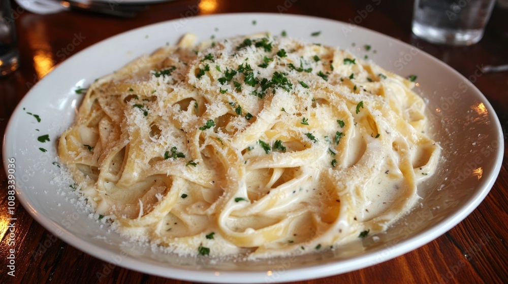 Creamy Fettuccine Alfredo garnished with freshly chopped parsley and a generous sprinkle of Parmesan cheese on a white plate. Creamy Fettuccine Alfredo garnished with freshly chopped parsley and a generous sprinkle of Parmesan cheese on a white plate.