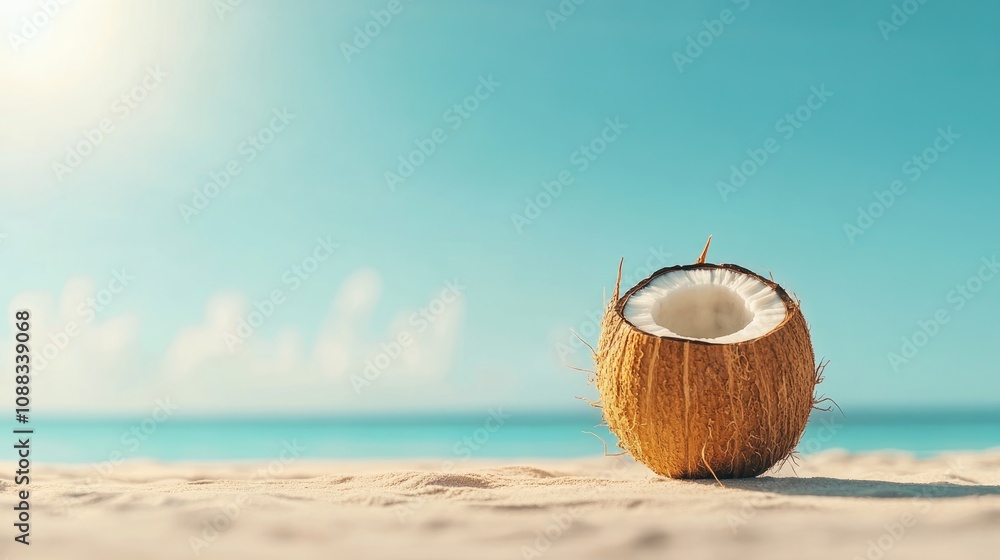 Tropical coconut resting on sandy beach with serene blue ocean and sky in background, embodying a minimalist summer vibe.