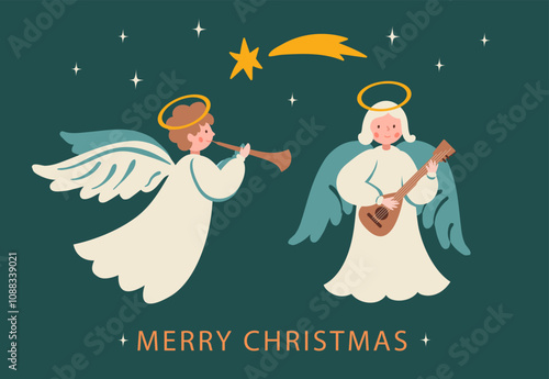 Merry Christmas. Card Template with Cute Angels. Vector Illustration in Trendy Retro Style