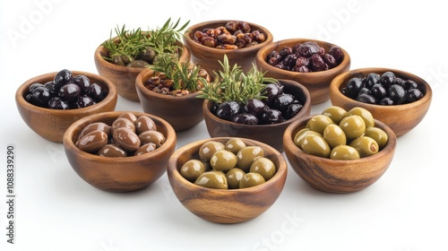 Variety of Colorful Olives Artfully Arranged in Rustic Wooden Bowls with Fresh Herbs on a Clean Neutral Background Showcasing Tasteful Mediterranean Delicacies