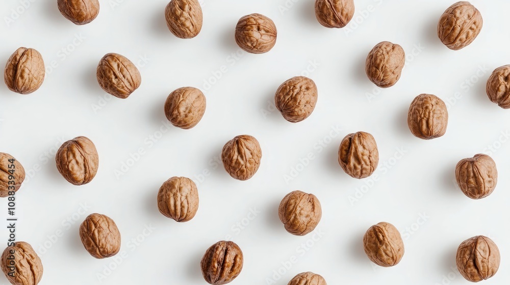Arrangement of natural walnuts scattered over a bright white background, highlighting their rich textures and earthy tones. Arrangement of natural walnuts scattered over a bright white background, highlighting their rich textures and earthy tones.