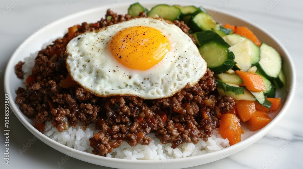 Savory stir-fried ground meat topped with a sunny side up egg, served with fresh vegetables and rice on a white plate. Savory stir-fried ground meat topped with a sunny side up egg, served with fresh vegetables and rice on a white plate.