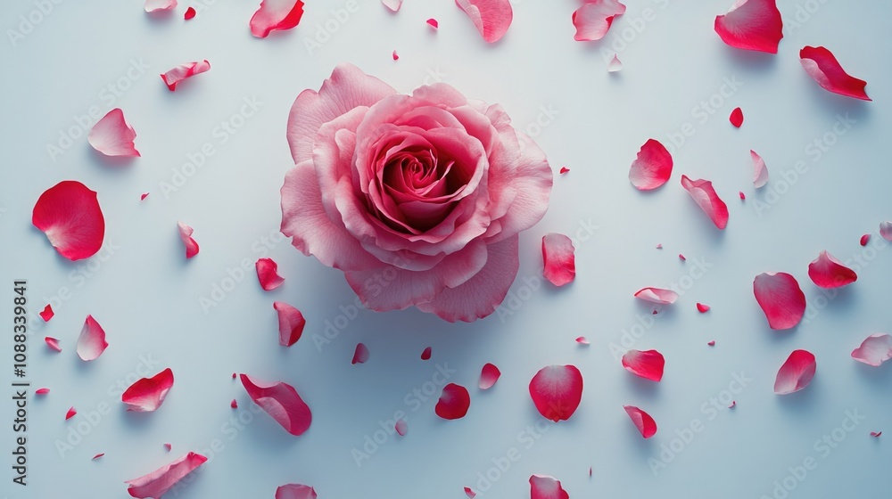 Vibrant pink rose surrounded by scattered petals on a soft white background showcasing an elegant and creative floral arrangement perfect for product displays. Vibrant pink rose surrounded by scattered petals on a soft white background showcasing an elegant and creative floral arrangement perfect for product displays.