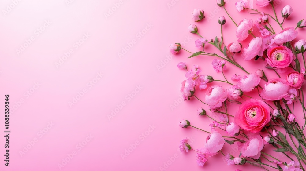 Delicate arrangement of ranunculus and sweet peas in soft pink hues on a pastel background, featuring ample copy space for design projects. Delicate arrangement of ranunculus and sweet peas in soft pink hues on a pastel background, featuring ample copy space for design projects.